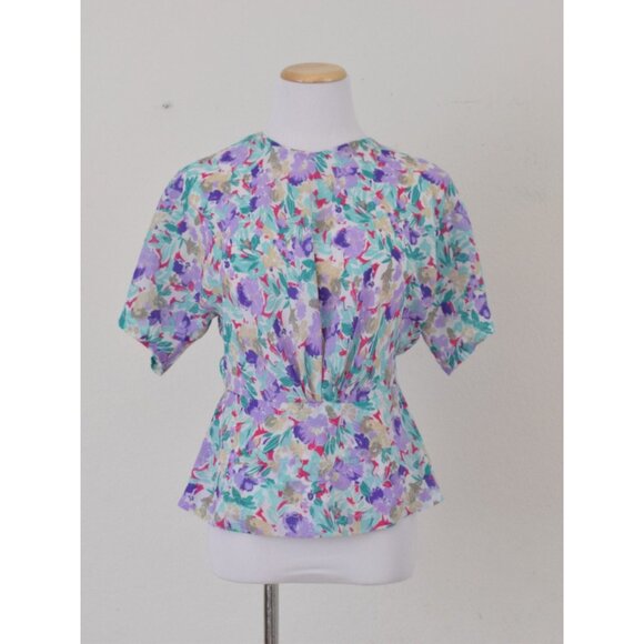 Vintage 80s Semi-Sheer Floral Polyester Peplum‎ blouse | size 8 - Picture 9 of 10
